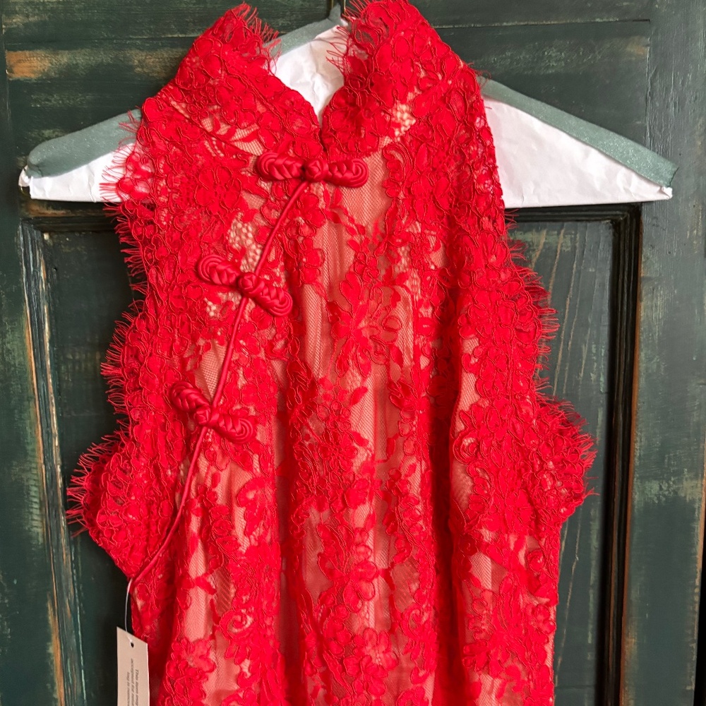 Sau Lee Red Lace Halter Gown